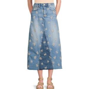 Driftwood Joanna Floral Embroidery Denim Midi Skirt Size 26